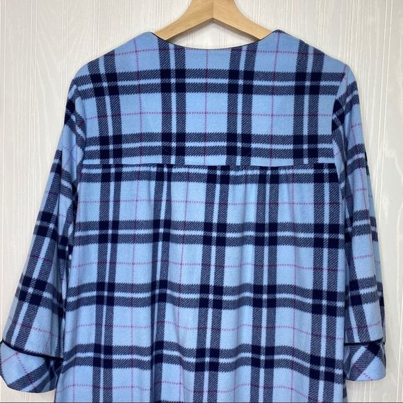 Blue Plaid Fleece Zip Up Embroidered Robe/Night Dress with Pockets Size Large - Picture 9 of 12